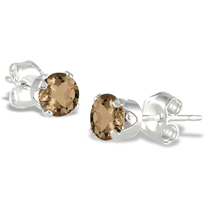 4MM All Natural Round Smokey Quartz Stud Earrings in .925 Sterling Silver